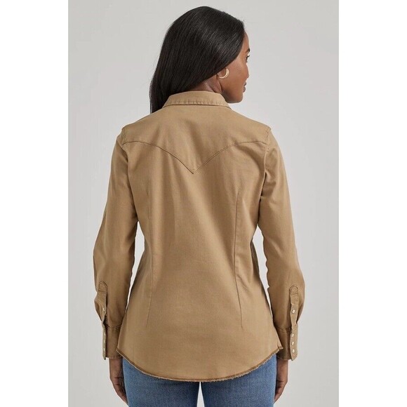 Wrangler Shirt Womens Medium Brown Western Pearl Snap Rodeo Long Sleeve Khaki - Picture 2 of 12